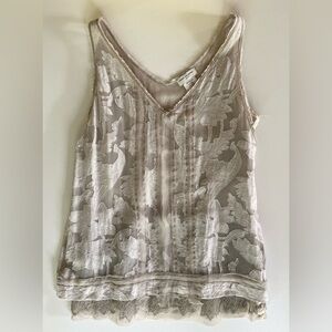 Dries Van Noten taupe silk sleeveless embellished top w/ lace underlayer. Sz 36
